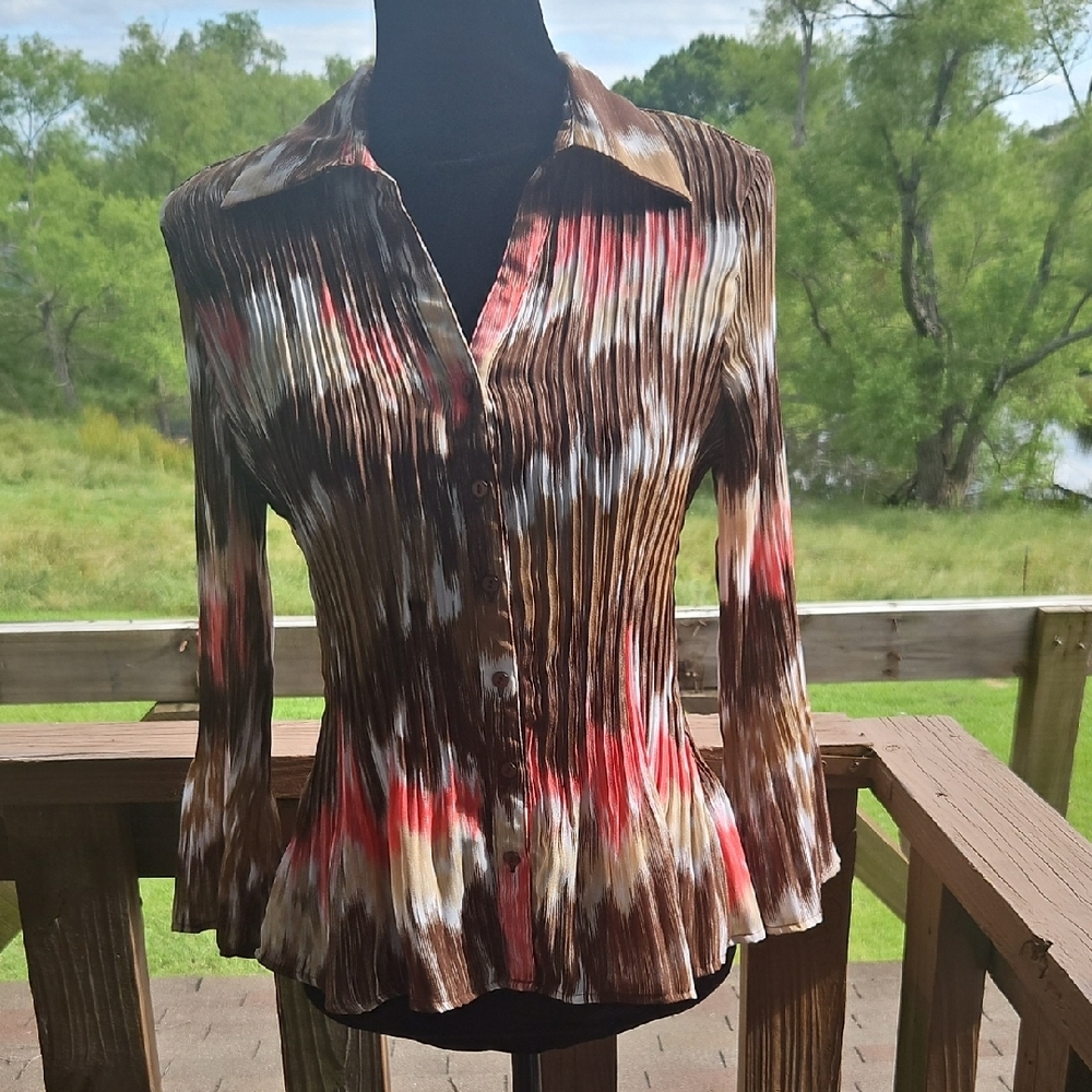 Allison Taylor Brown and Pink 3/4 Sleeve Button Down Shirt